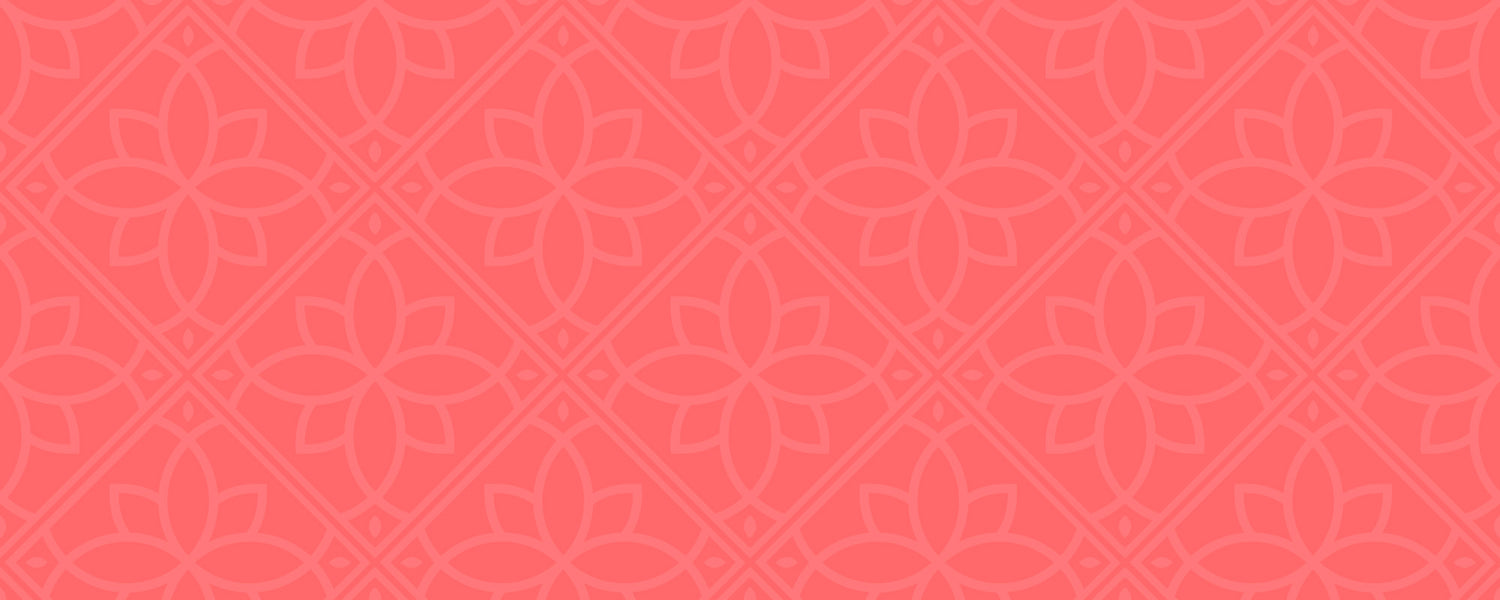 An opaque white colored geometric pattern made up of the KOVE Gifts & Decor emblem overlays a dark coral background.