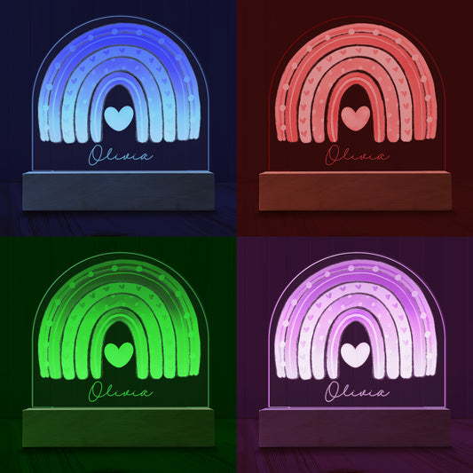 Four images of the Boho Rainbow Personalized Night Light showing examples of four LED light colours - Blue, Red, Green and Purple.