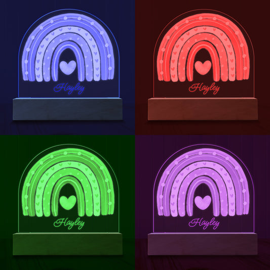 Four images of the Boho Rainbow Personalized Night Light showing examples of four LED light colours - Blue, Red, Green and Purple.
