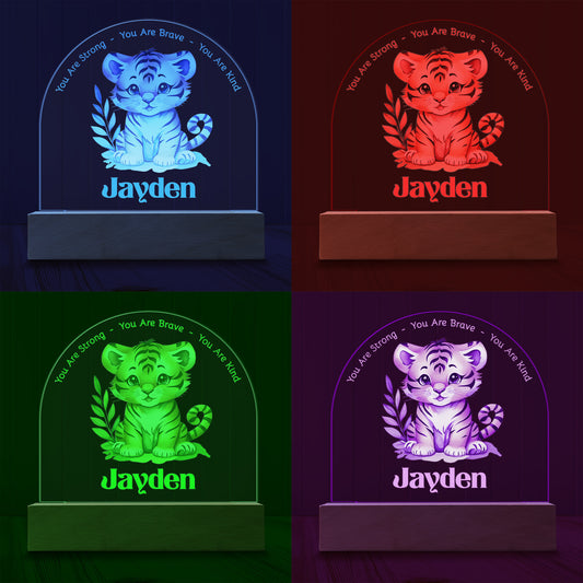 Four images of the Adorable Tiger Cub Personalized Night Light showing examples of four LED light colours - Blue, Red, Green and Purple.