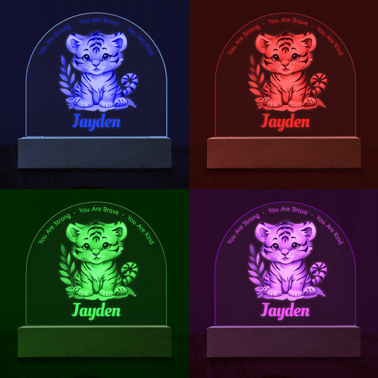Four images of the Adorable Tiger Cub Personalized Night Light showing examples of four LED light colours - Blue, Red, Green and Purple.