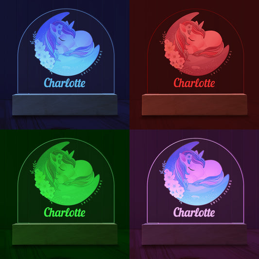 Four images of the Sweet Dreams Unicorn Personalized Night Light showing examples of four LED light colours - Blue, Red, Green and Purple.