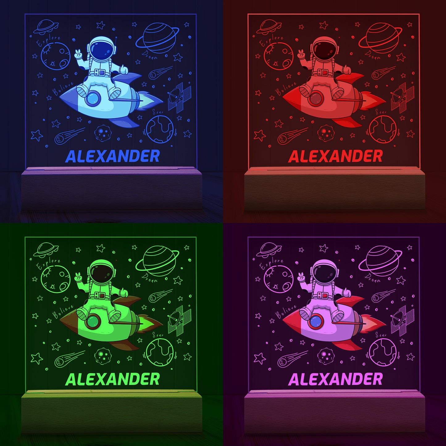 Four images of the Astronaut on a Rocket Personalized Night Light showing examples of four LED light colours - Blue, Red, Green and Purple.