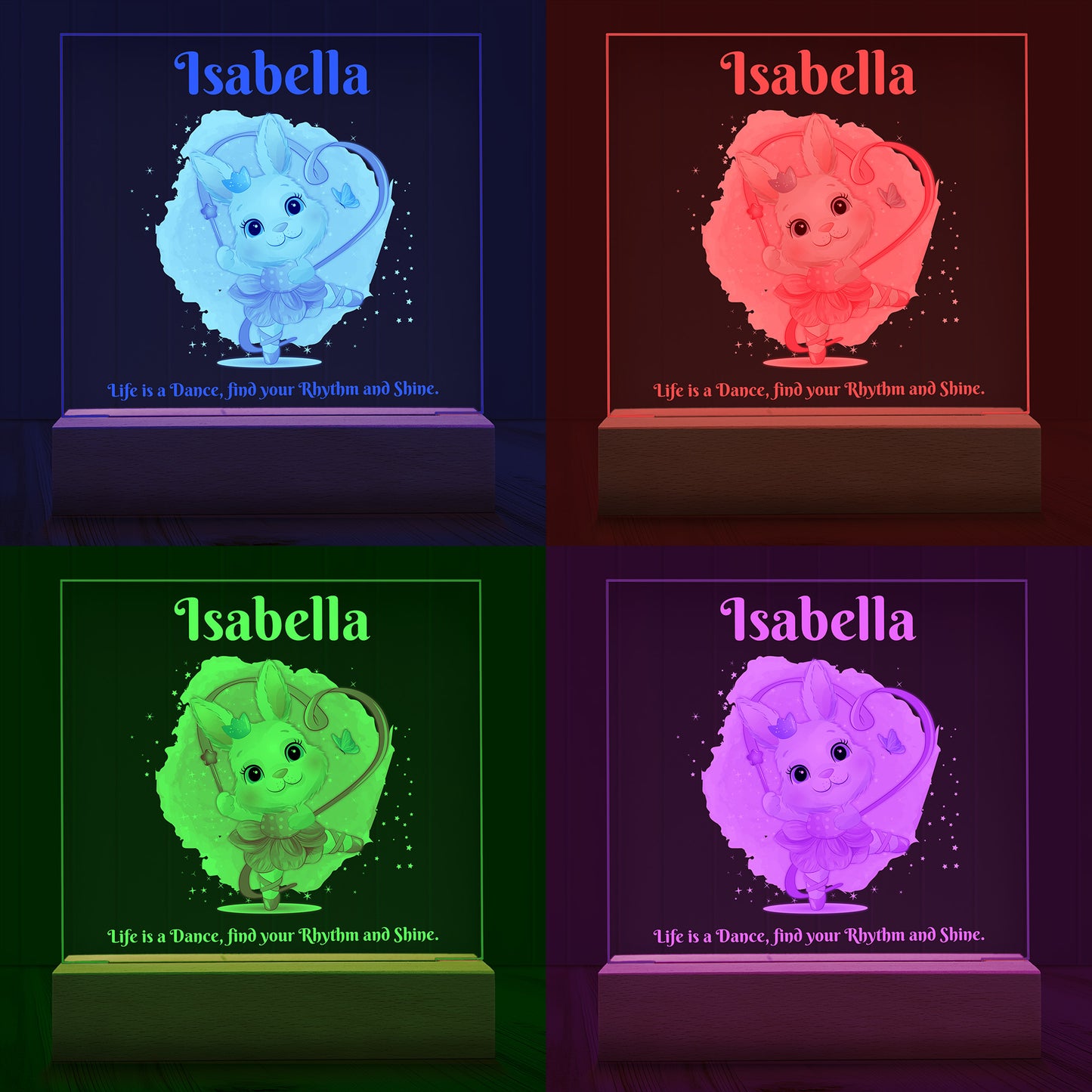 Four images of the Dancing Bunny Personalized Night Light showing examples of four LED light colours - Blue, Red, Green and Purple.