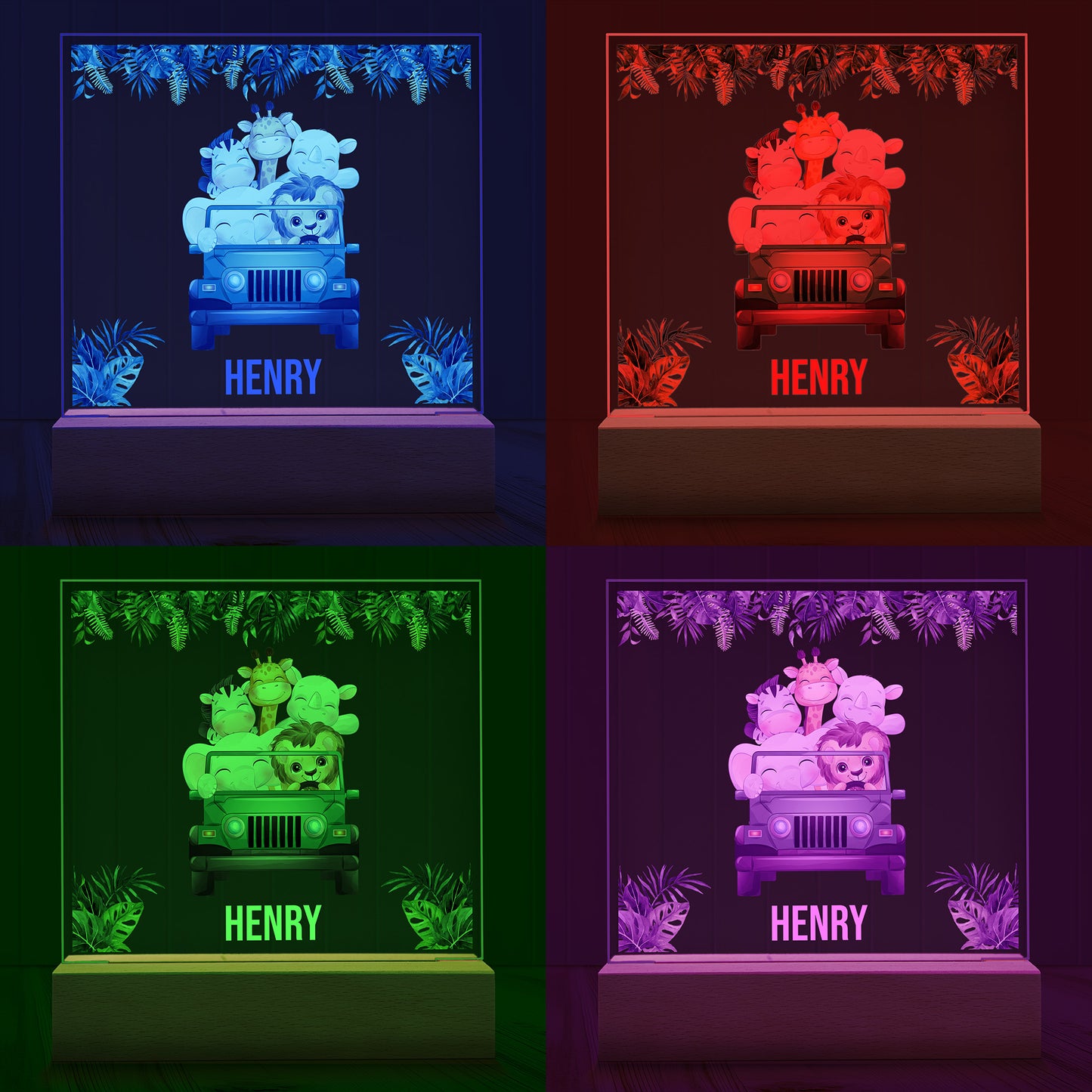 Four images of the Safari Friends Personalized Night Light showing examples of four LED light colours - Blue, Red, Green and Purple.