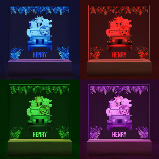 Four images of the Safari Friends Personalized Night Light showing examples of four LED light colours - Blue, Red, Green and Purple.