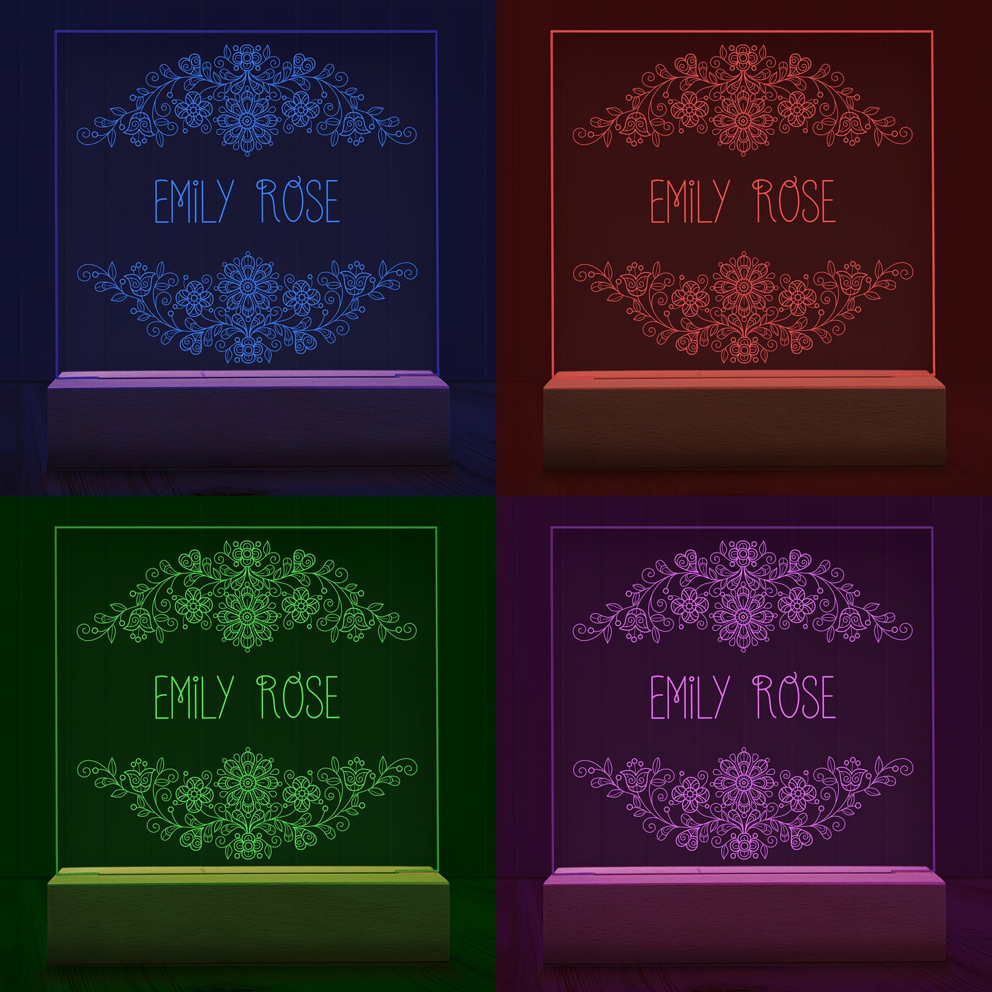 Four images of the Vintage Floral Personalized Night Light showing examples of four LED light colours - Blue, Red, Green and Purple.