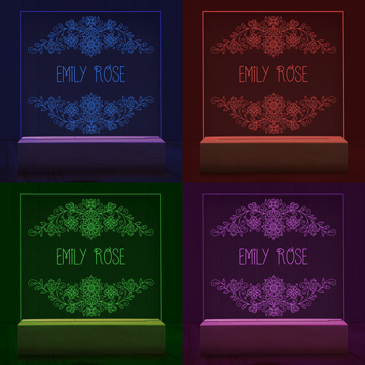 Four images of the Vintage Floral Personalized Night Light showing examples of four LED light colours - Blue, Red, Green and Purple.