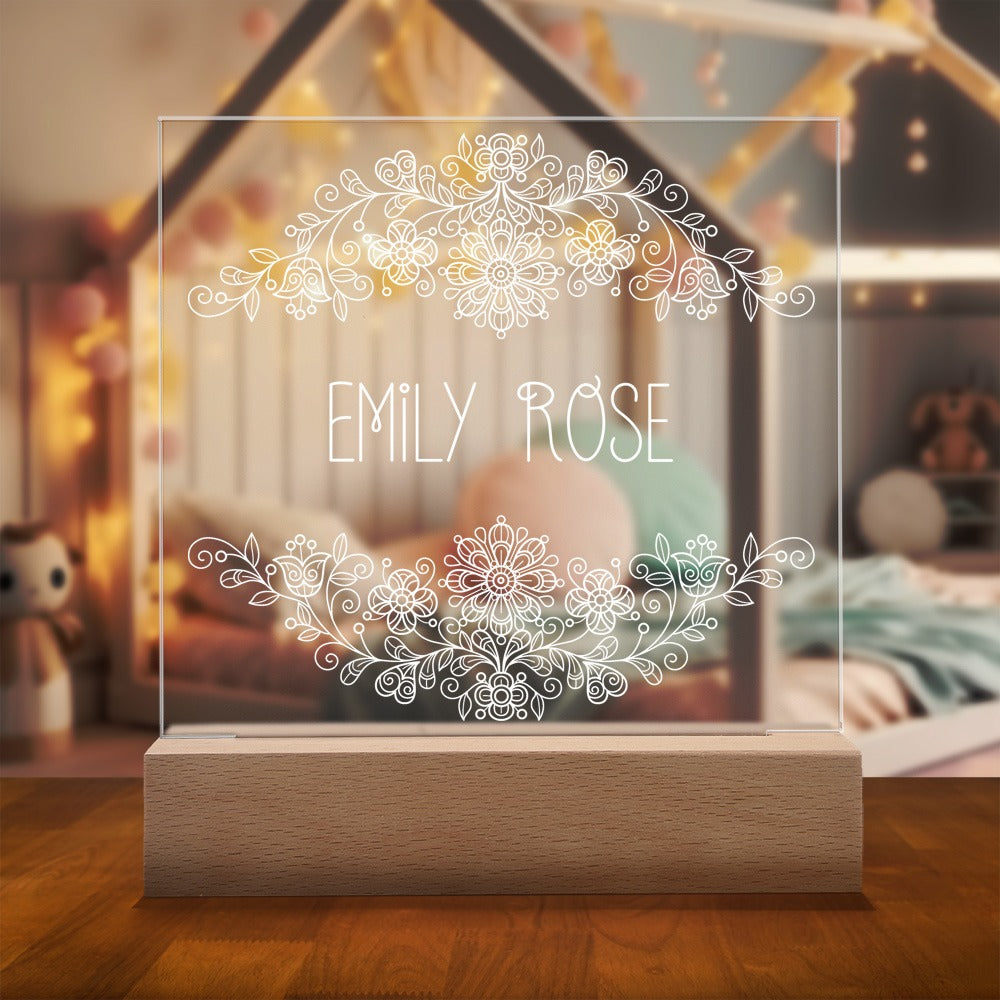 Vintage Floral Personalized Night Light with Battery powered base, featured in a modern child's bedroom with the light off.