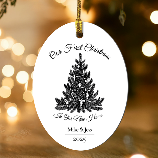 Personalized Christmas ornament with tree design and text, hanging against a festive background with lights.