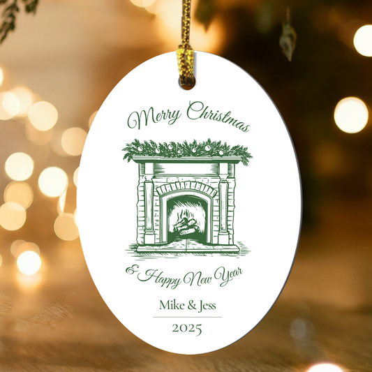 Decorative Christmas ornament with a fireplace design and personalized text, hanging against a festive background with lights.