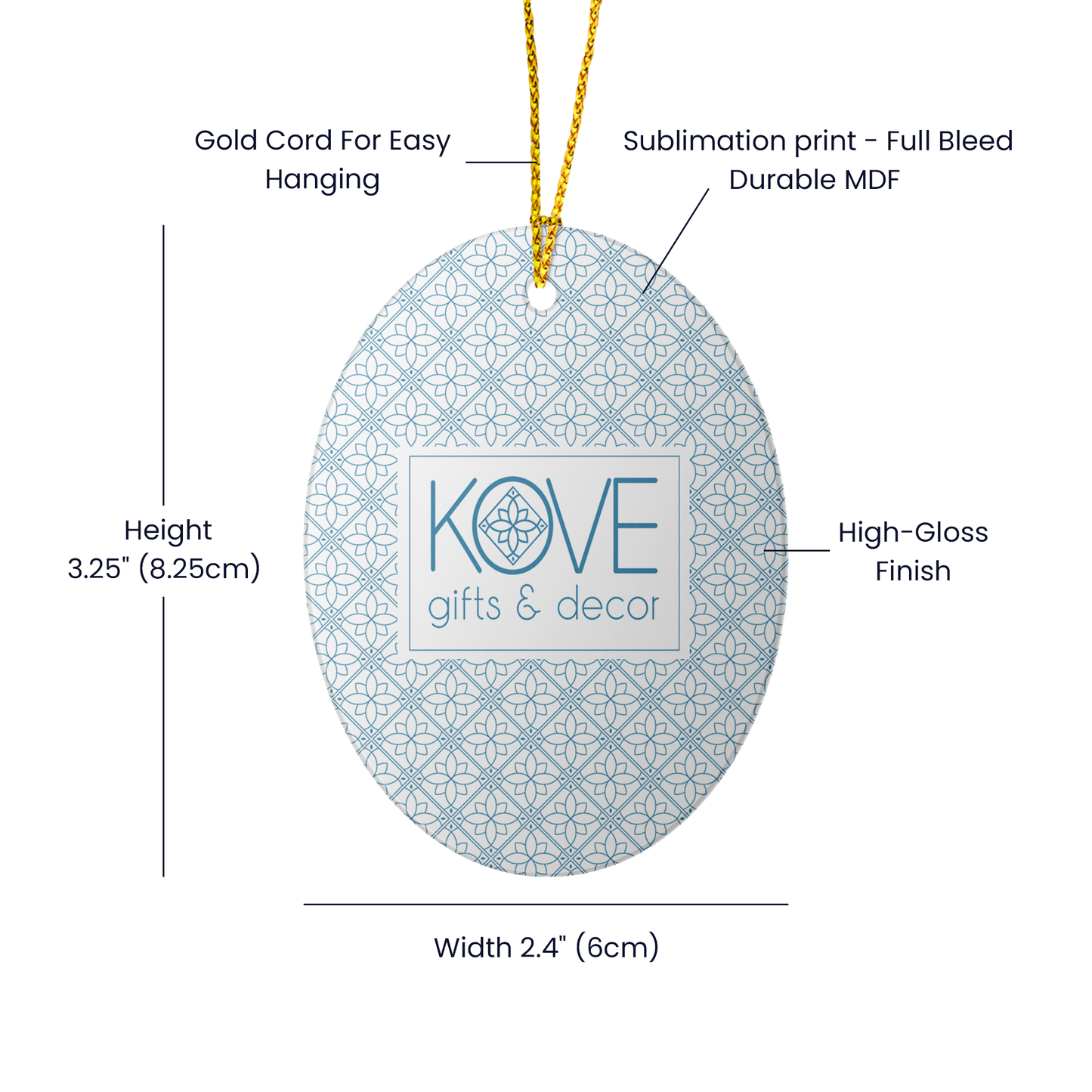Decorative ornament with Kove logo and specifications on a white background