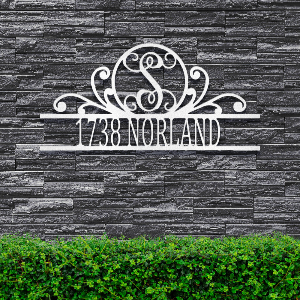 White Fancy Scroll Monogram Street Address Metal Sign