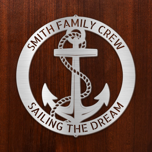 Bold Anchor Ring Personalize Metal Decor personalized with a family's names and maritime phrase displayed in Silver with an dark wooden panel background.