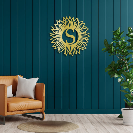 Gold Sunflower Monogram Metal Decor featured on a deep teal colored timber wall in a modern living area