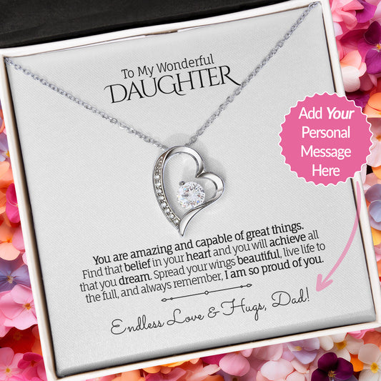 Stunning heart pendant necklace in 14k White Gold finish with a cubic zirconia centerpiece, presented in a gift box with a personalized message card for Daughter.