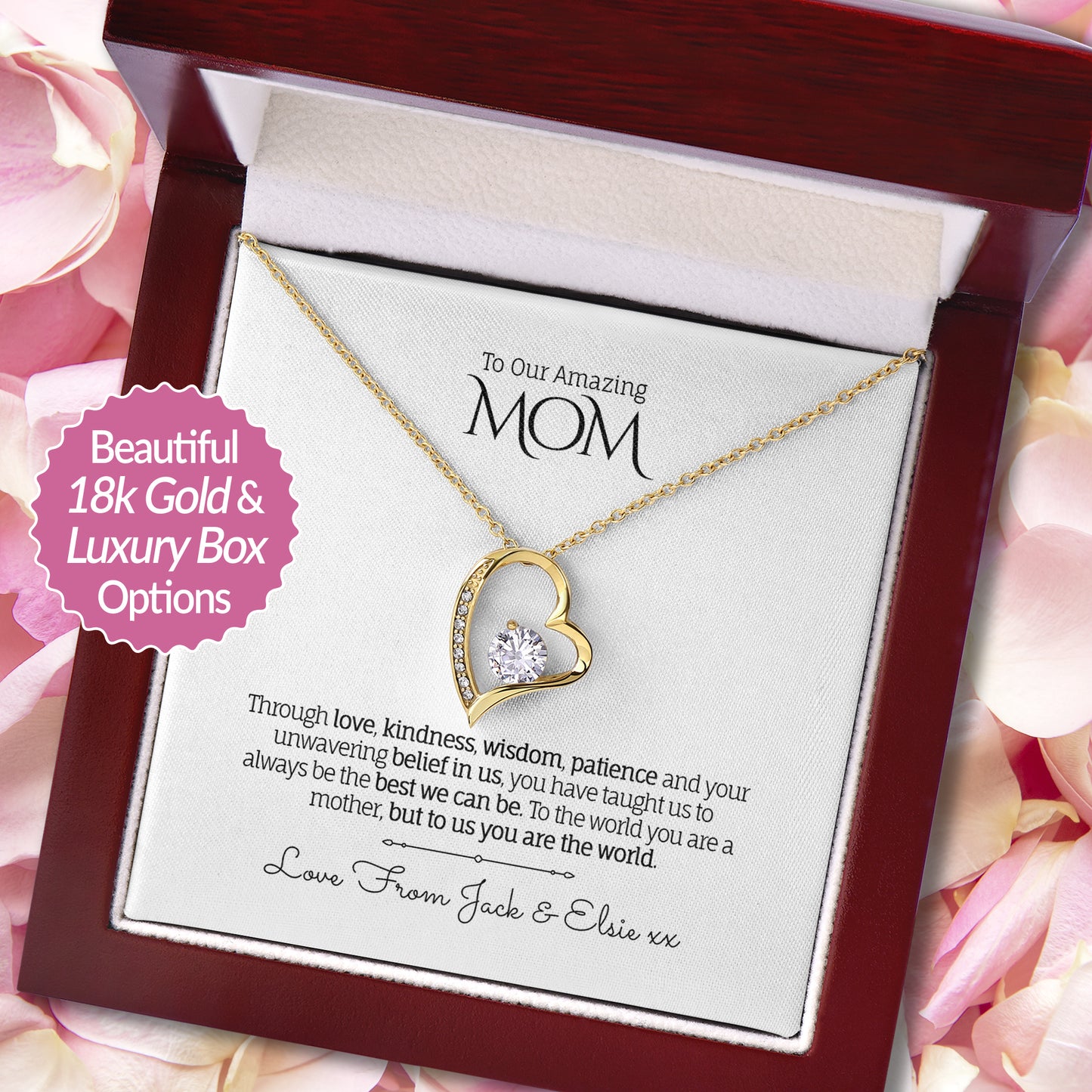 Stunning heart pendant necklace in 18k White Gold finish with a cubic zirconia centerpiece, presented in a luxury mahogony-style gift box with a personalized message card for Mom.