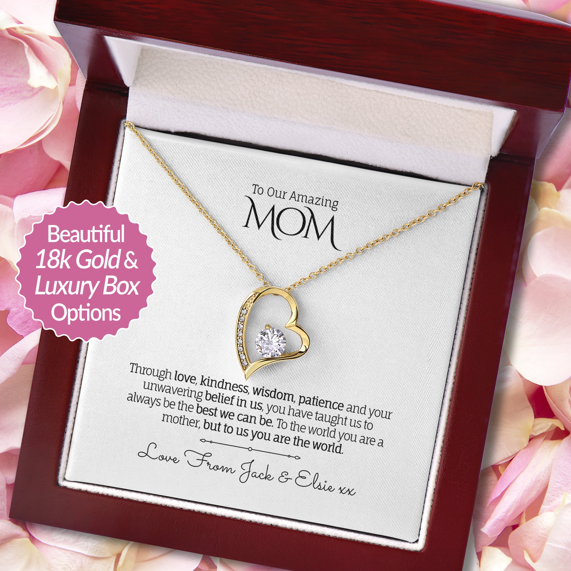 Stunning heart pendant necklace in 18k White Gold finish with a cubic zirconia centerpiece, presented in a luxury mahogony-style gift box with a personalized message card for Mom.