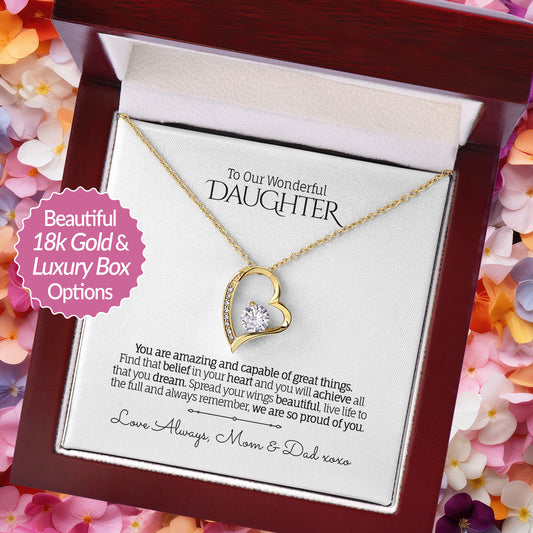 Stunning heart pendant necklace in 18k White Gold finish with a cubic zirconia centerpiece, presented in a luxury mahogony-style gift box with a personalized message card for Daughter.