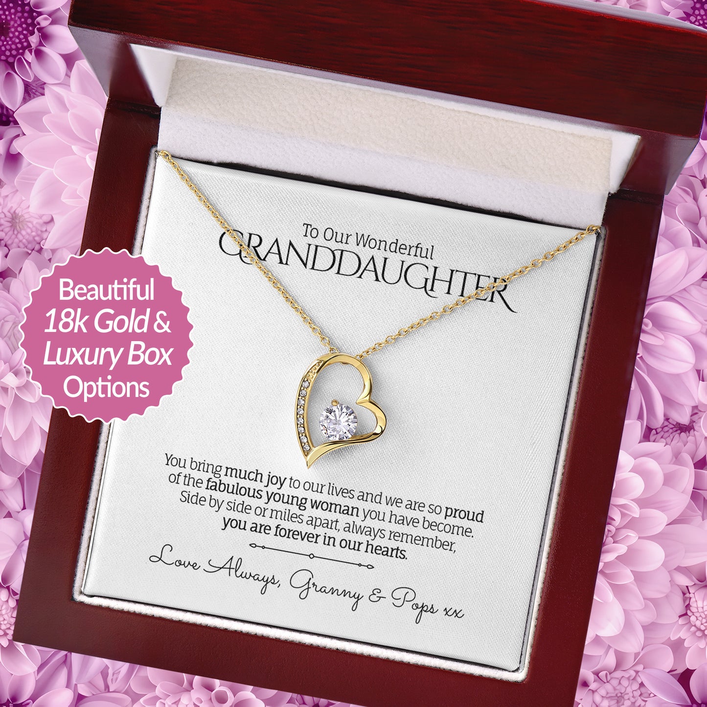 Stunning heart pendant necklace in 18k White Gold finish with a cubic zirconia centerpiece, presented in a luxury mahogony-style gift box with a personalized message card for Granddaughter.