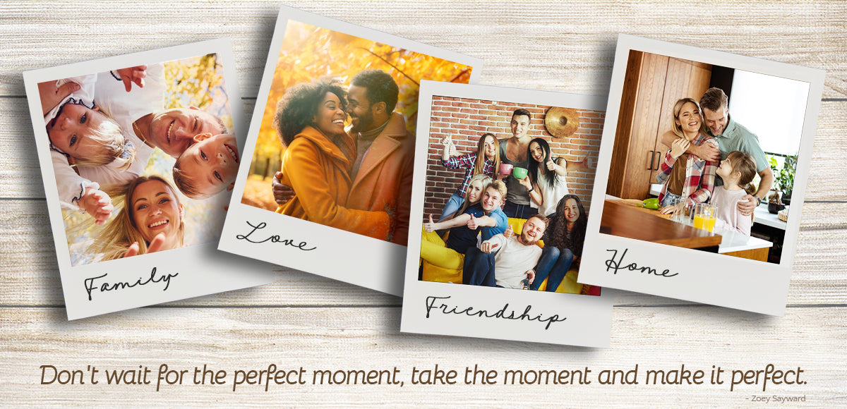 Four polaroid photos labeled 'Family', 'Love', 'Friendship', and 'Home' on a wooden surface.