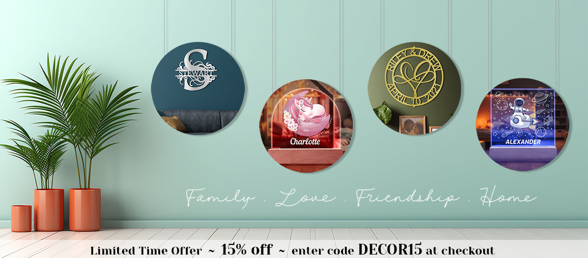 Home page banner showing a modern interior wall displaying photos of select KOVE products and a limited time offer of 15% off with code DECOR15 to use at checkout.