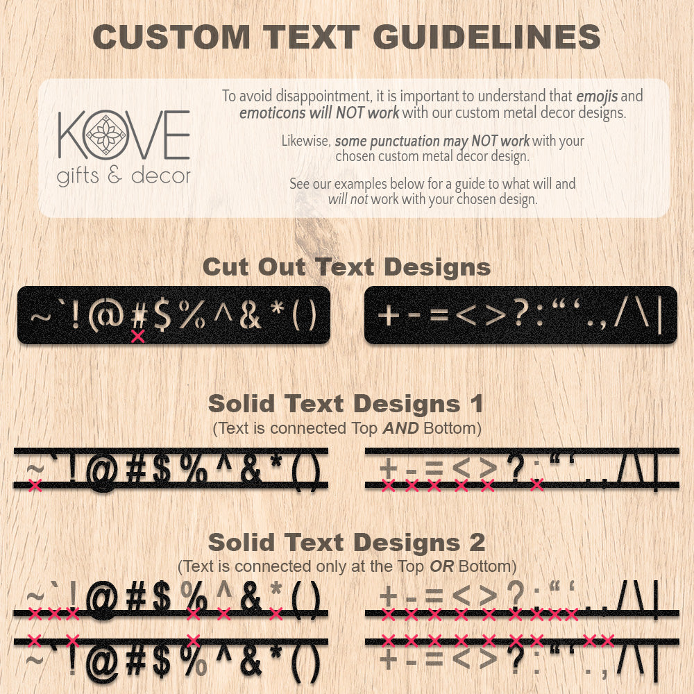 Custom Text Guidelines for custom metal decor | KOVE Gifts & Decor