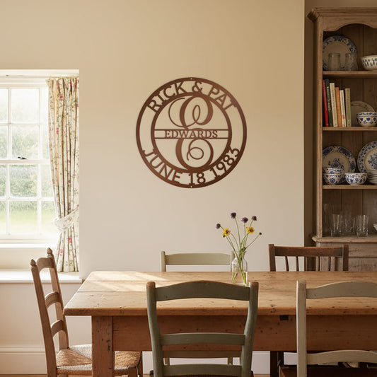 COPPER Elaborate Name Monogram Personalized Metal Decor mounted on the wall of a cute cottage dining room.