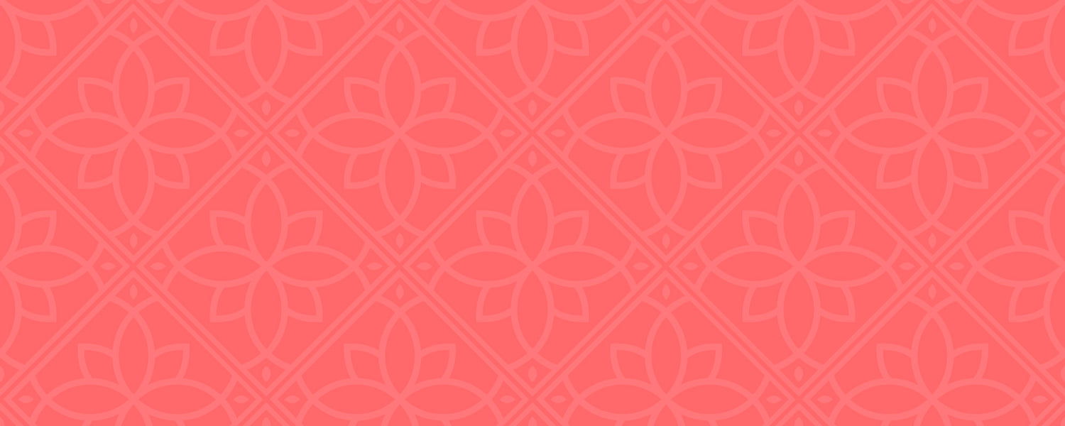 An opaque white colored geometric pattern made up of the KOVE Gifts & Decor emblem overlays a dark coral background.