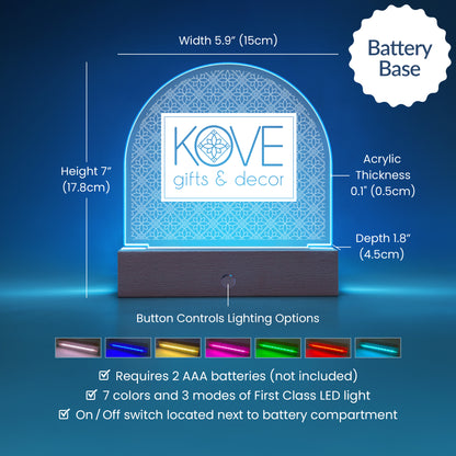 Dome Acrylic Night Light sample with Battery Base showing product dimensions, LED light colors included and LED light Control Button.