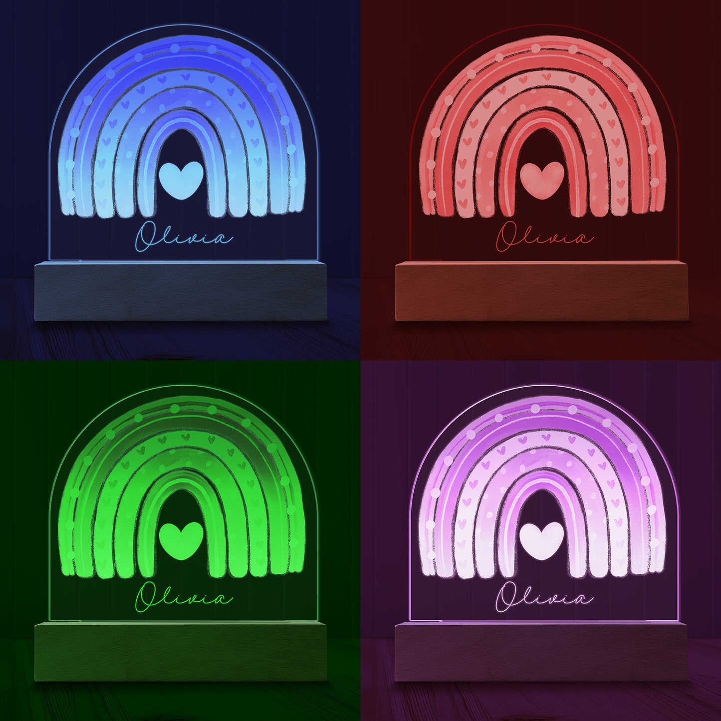 Four images of the Boho Rainbow Personalized Night Light showing examples of four LED light colours - Blue, Red, Green and Purple.