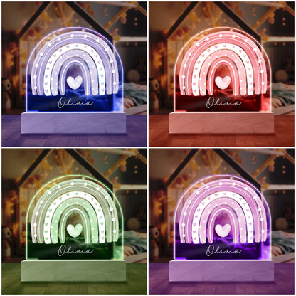 Boho Rainbow Personalized Night Light shown with four of the seven available colored LED lights on in Blue, Red, Purple and Green.