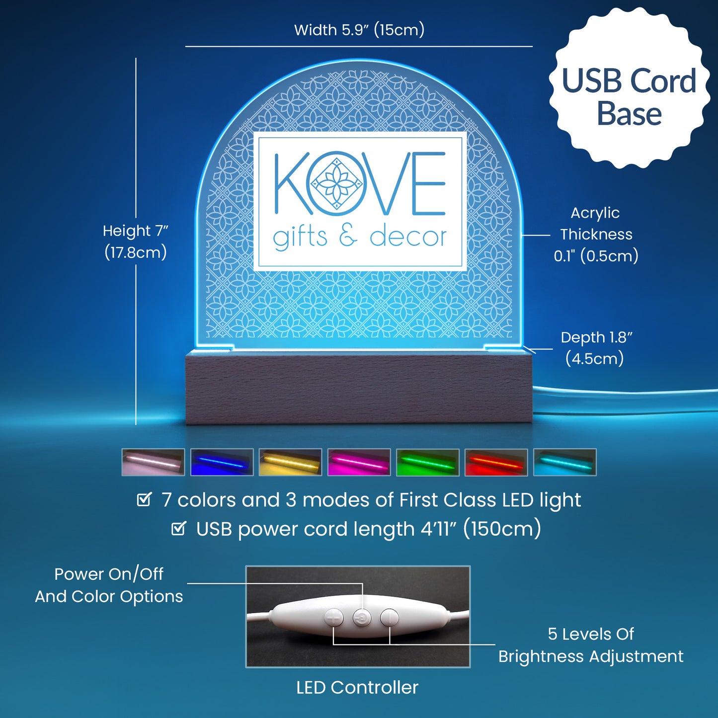 Dome Acrylic Night Light sample with USB Cord Base showing product dimensions, LED light colors included and functionality of LED controller.