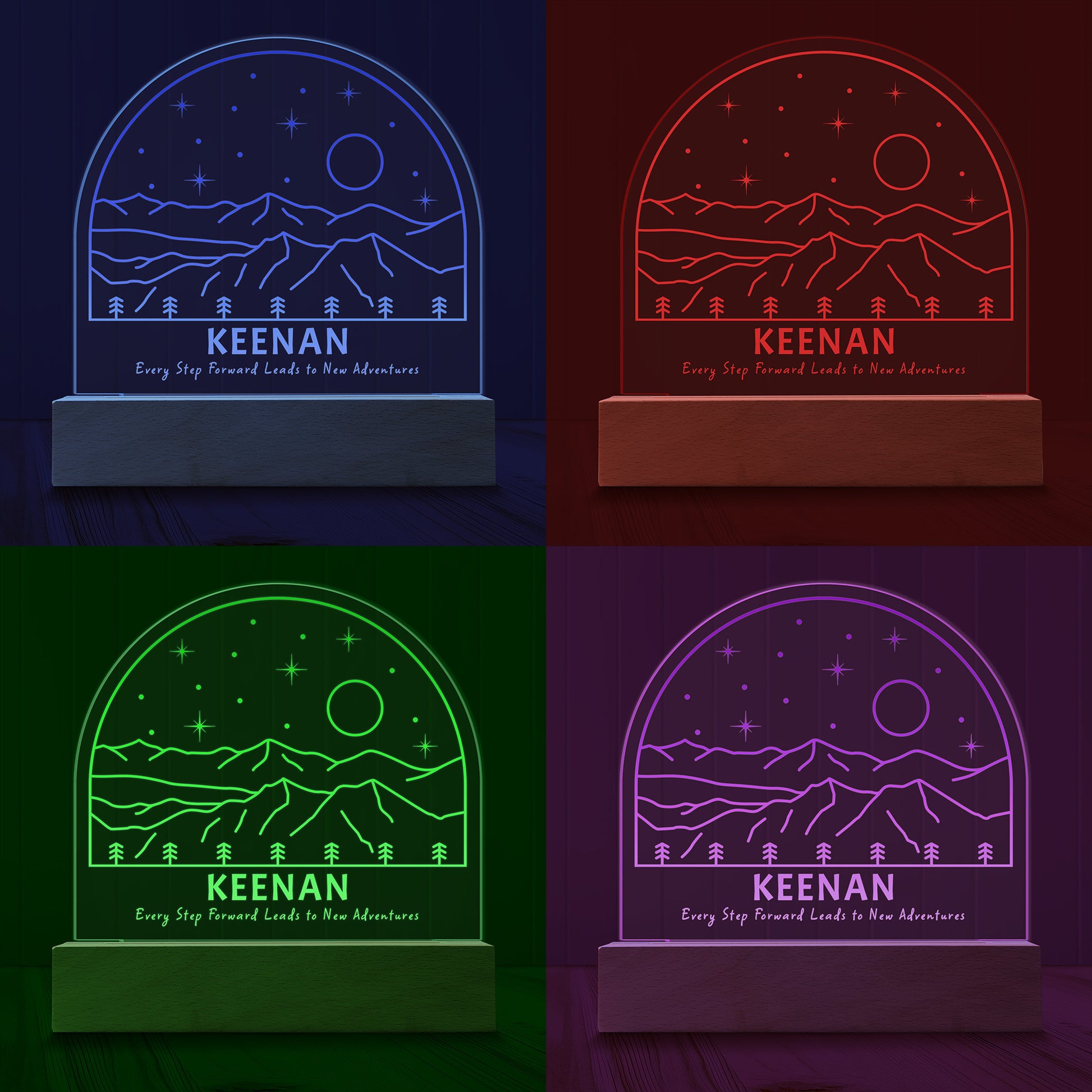 Four images of the New Adventures Personalized Night Light showing examples of four LED light colours - Blue, Red, Green and Purple.