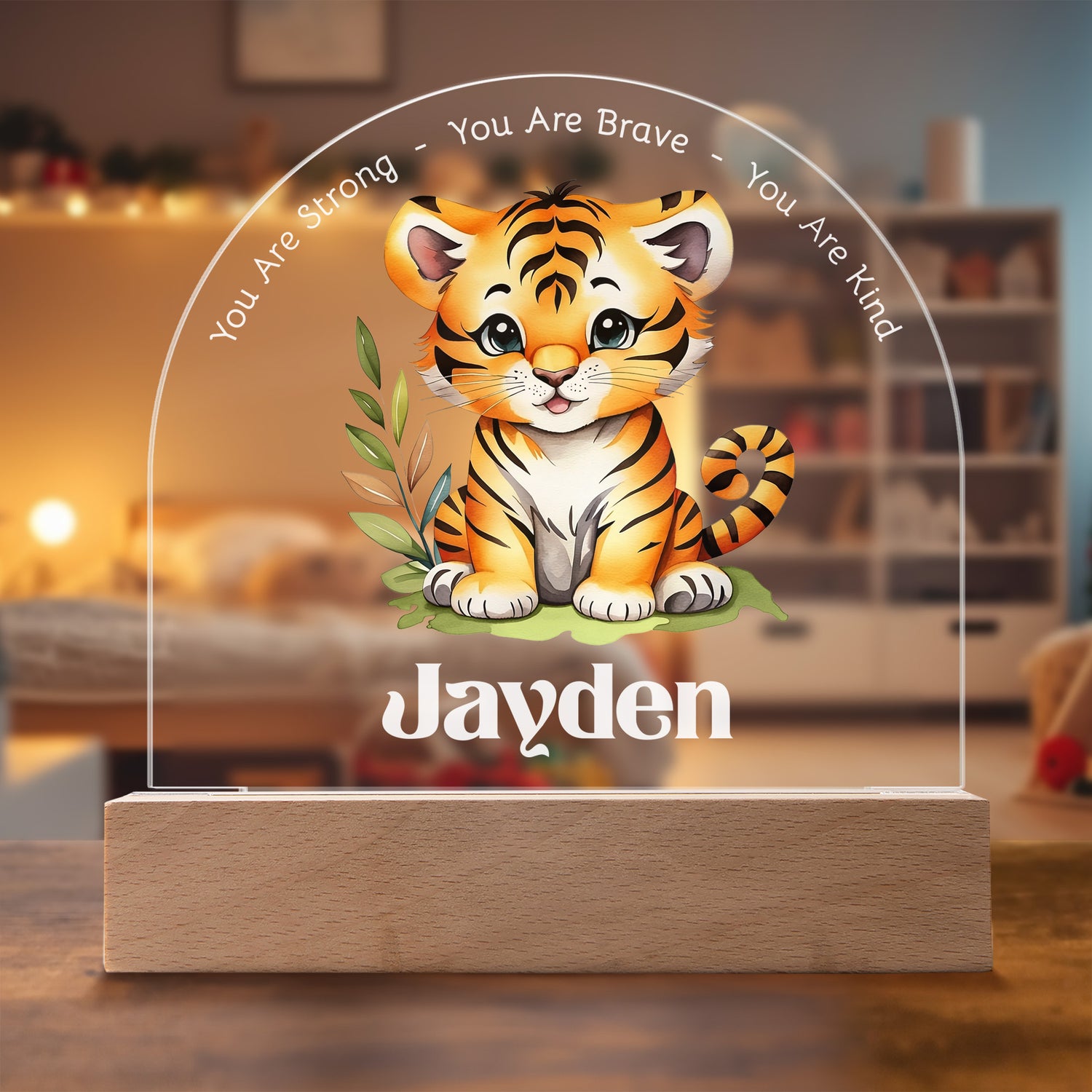 Adorable Tiger Cub Personalized Night Light with Battery powered base, featured in a modern child's bedroom with the light off.
