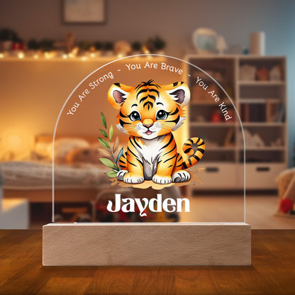 Adorable Tiger Cub Personalized Night Light with Battery powered base, featured in a modern child's bedroom with the light off.