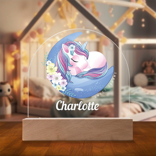 Sweet Dreams Unicorn Personalized Night Light with Battery powered base, featured in a modern child's bedroom with the light off.