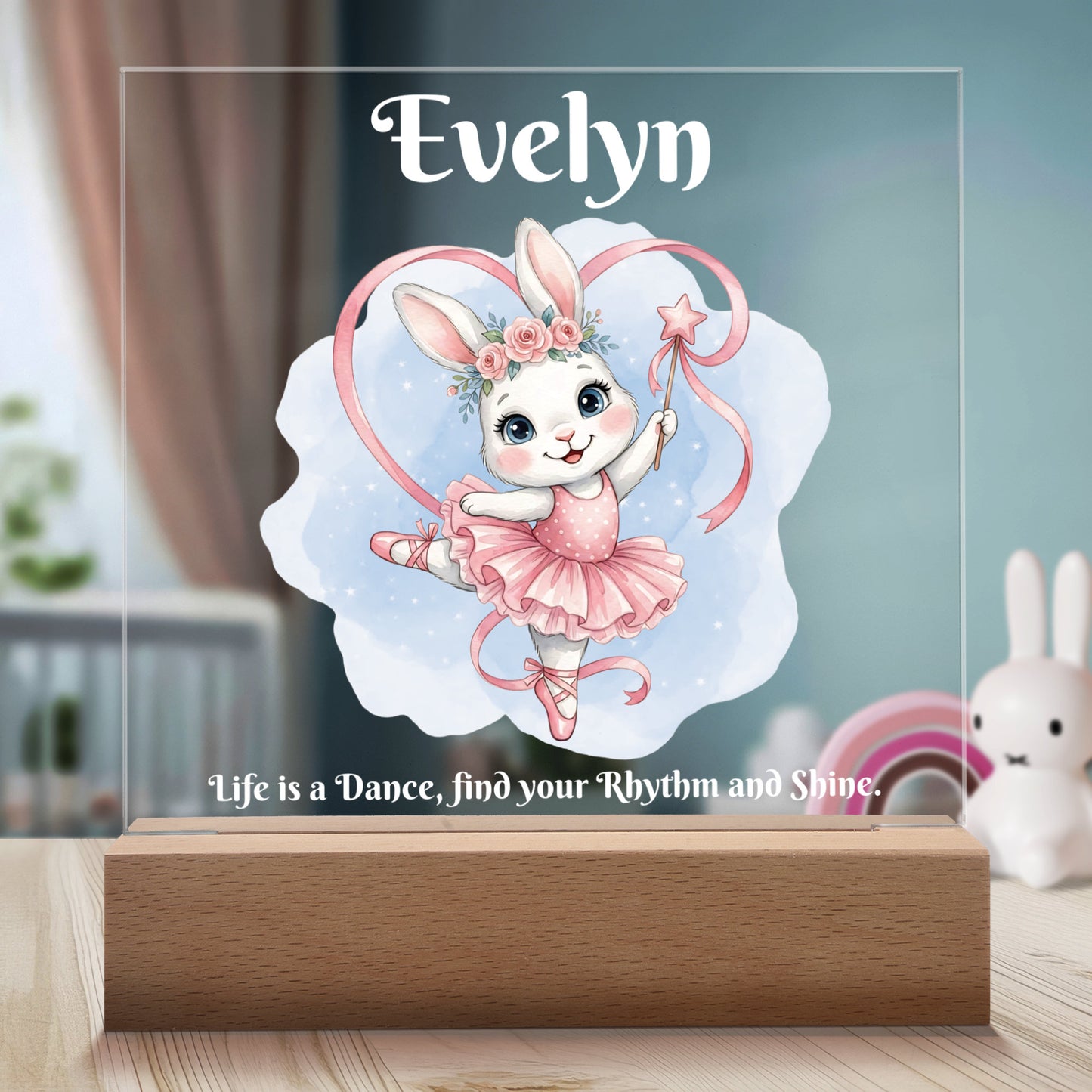 Ballerina Bunny Personalized Night Light with Battery powered base featured on a light timber table in a cosy child's bedroom.