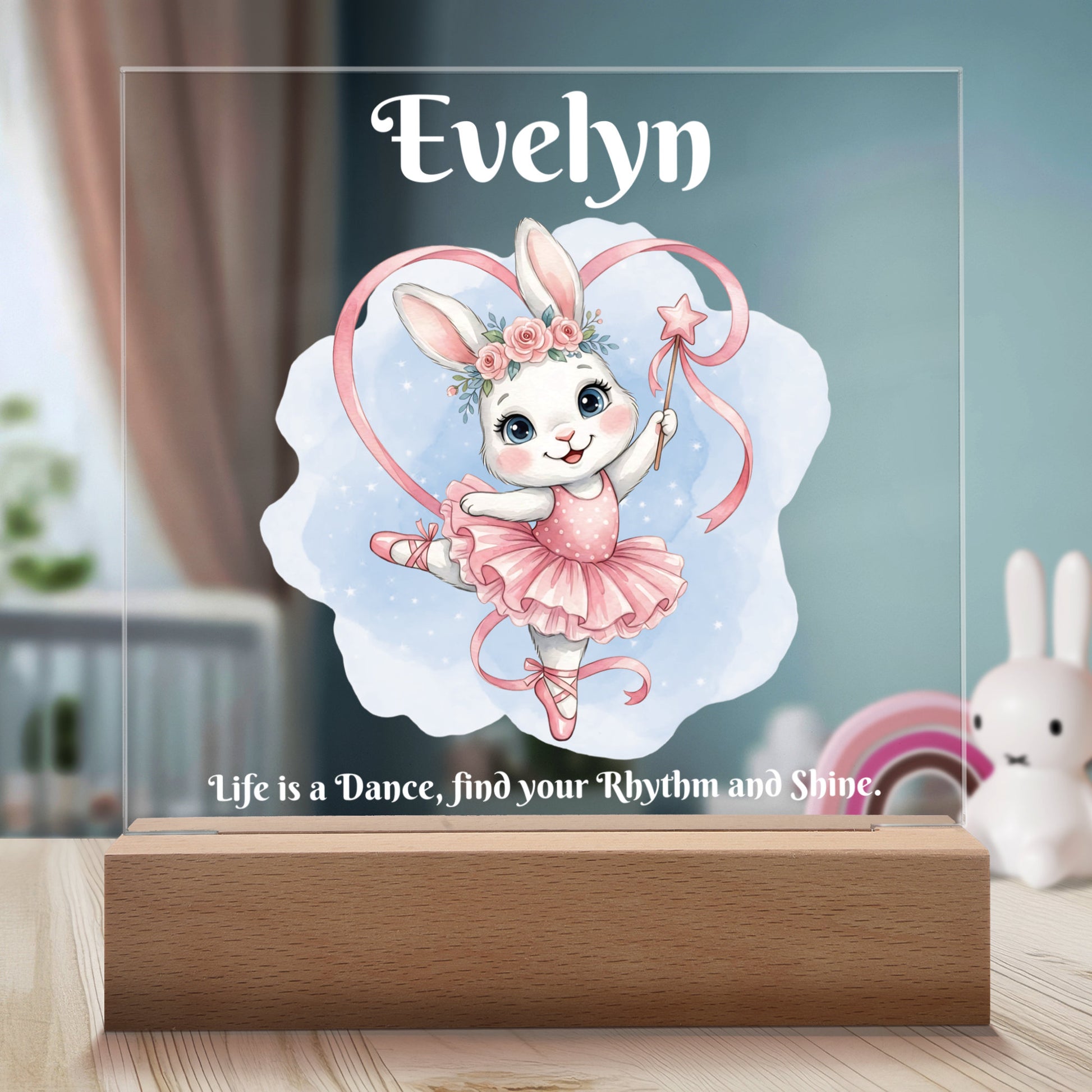 Ballerina Bunny Personalized Night Light with Battery powered base featured on a light timber table in a cosy child's bedroom.