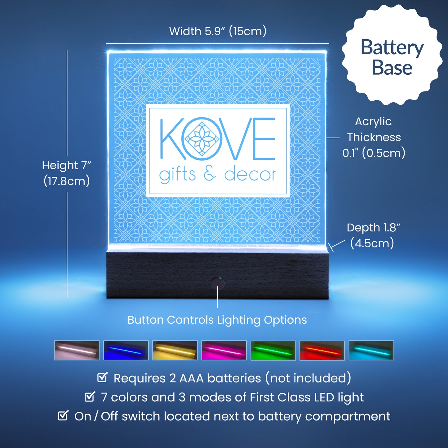 Square Acrylic Night Light sample with Battery Base showing product dimensions, LED light colors included and LED light Control Button.