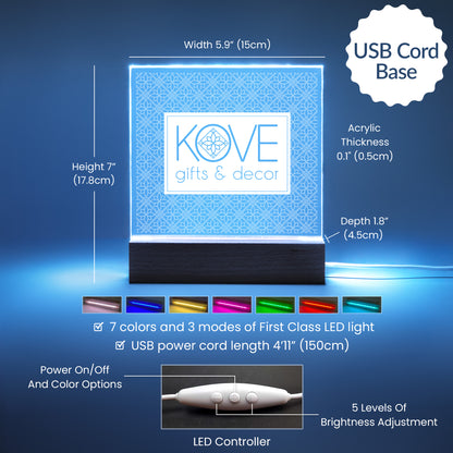 Square Acrylic Night Light sample with USB Cord Base showing product dimensions, LED light colors included and functionality of LED controller.