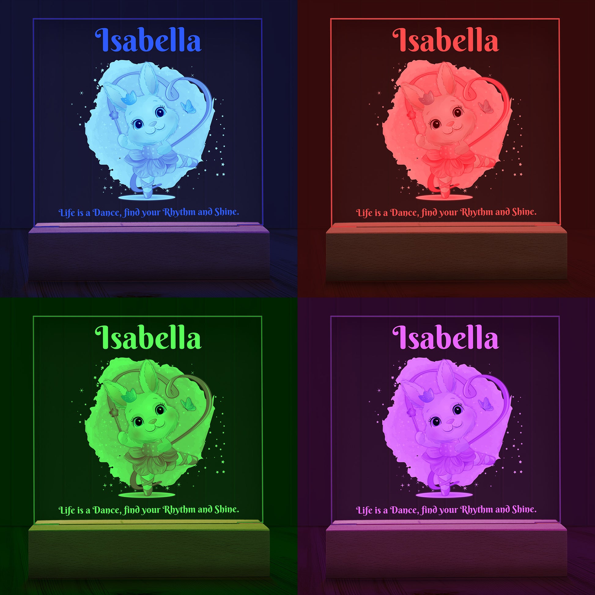 Four images of the Dancing Bunny Personalized Night Light showing examples of four LED light colours - Blue, Red, Green and Purple.