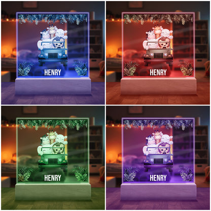 Safari Friends Personalized Night Light shown with four of the seven available colored LED lights on in Blue, Red, Purple and Green.