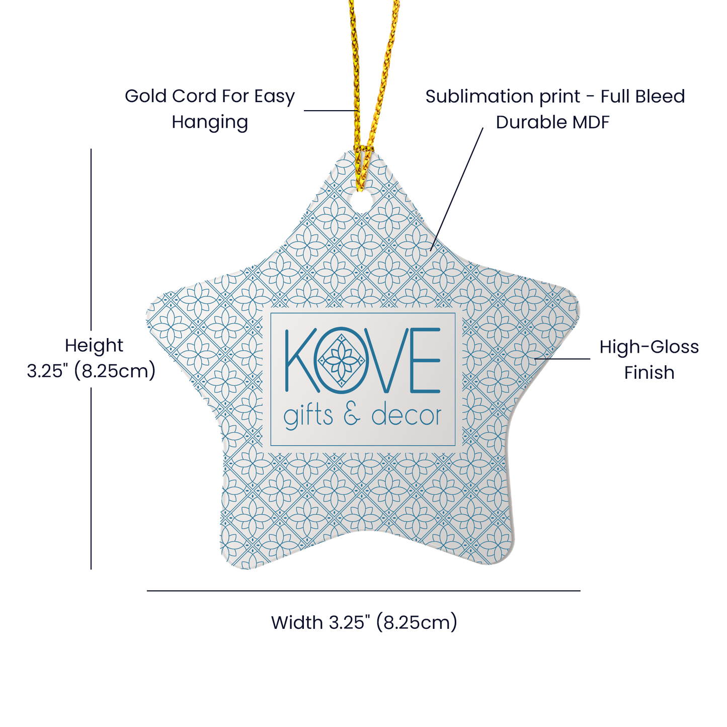 Star-shaped ornament with Kove logo and specifications on a white background