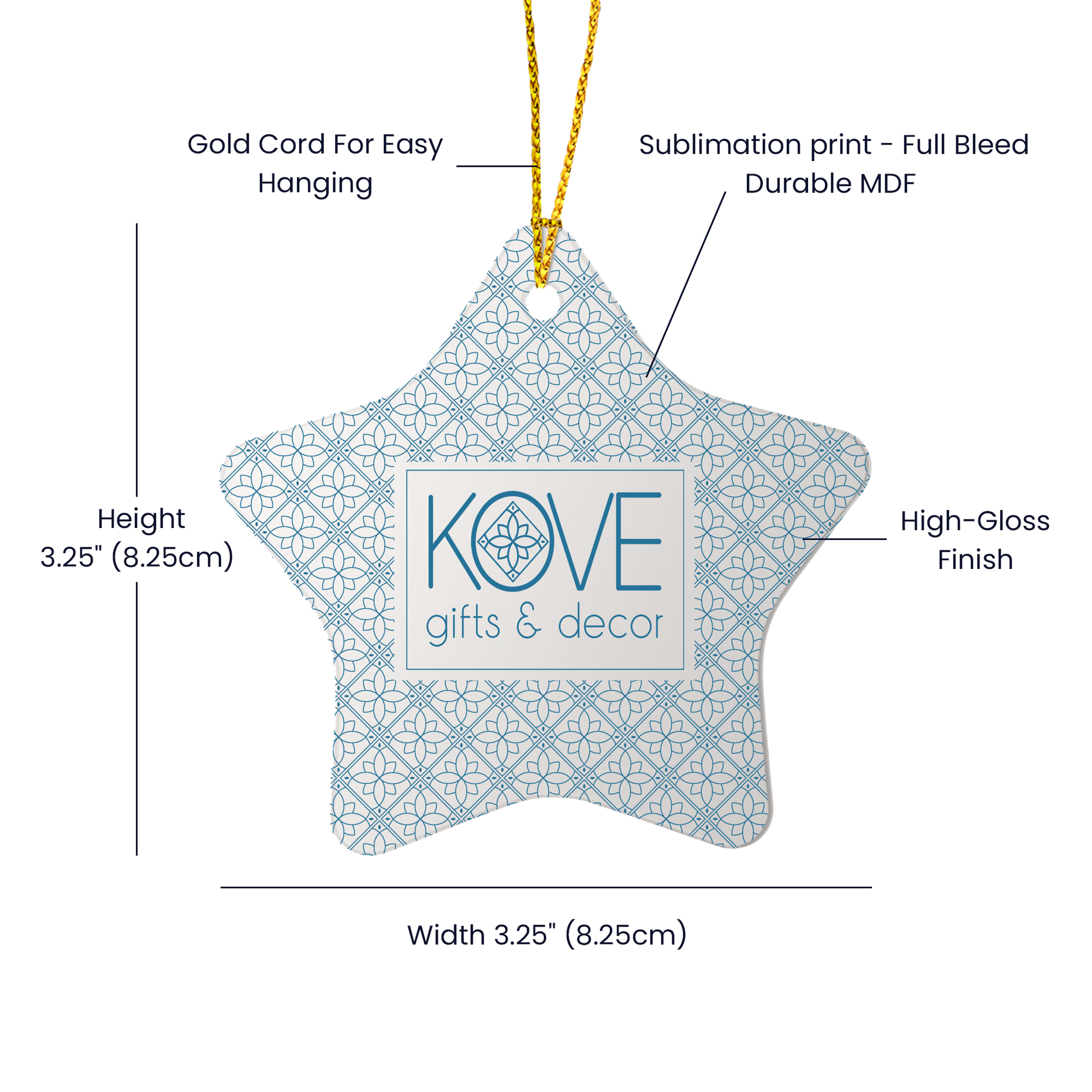 Star-shaped ornament with Kove logo and specifications on a white background