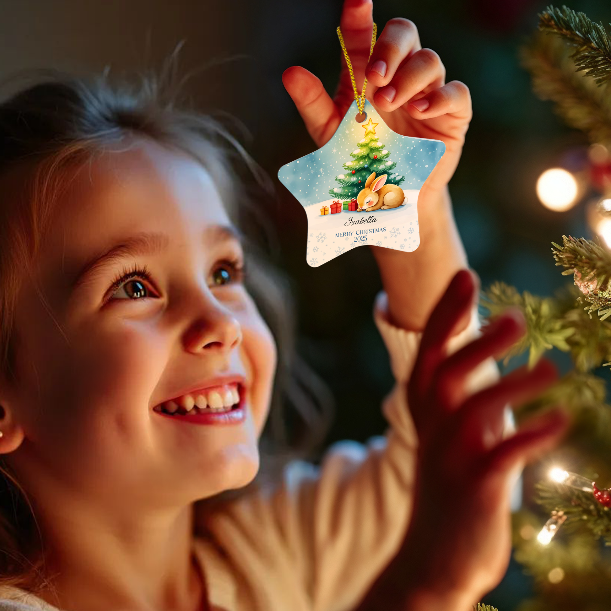 Child holding a Christmas ornament with a tree and bunny design, surrounded by festive lights.