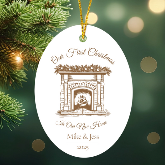 Personalized Christmas ornament with fireplace design and text 'Our First Christmas in Our New Home' on a green background.