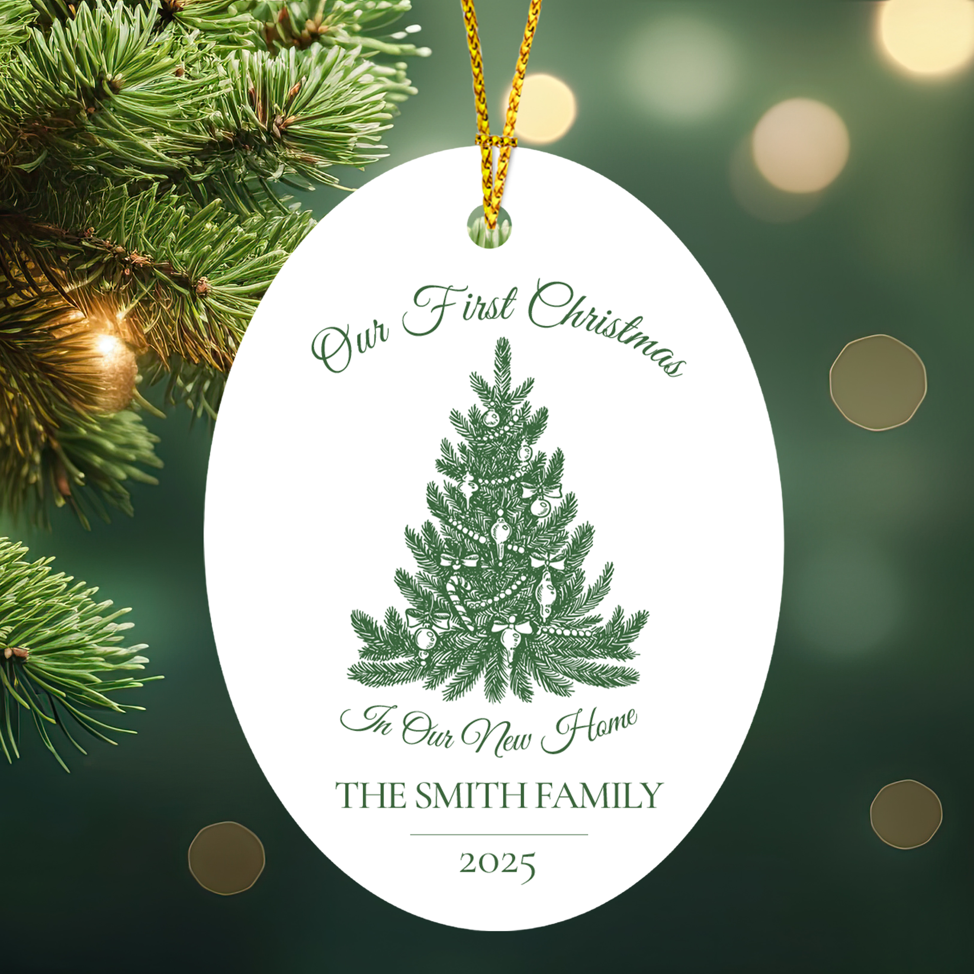 Personalized Christmas ornament with tree design and text on a green background
