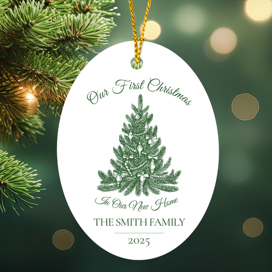 Personalized Christmas ornament with tree design and text on a green background