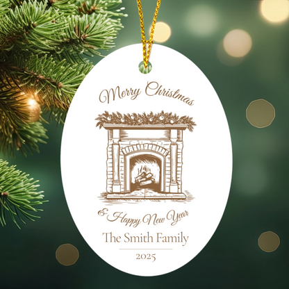 Decorative Christmas ornament with fireplace illustration and personalized text on a green background.
